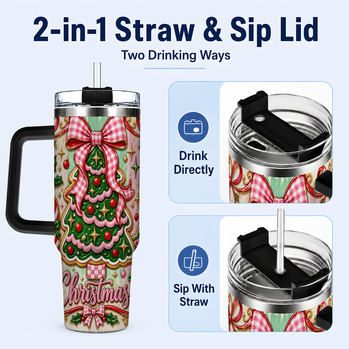 #pl[40oz|Black] Christmas Tree Cookie 40oz Tumbler with Handle, Pink Bow Travel Cup