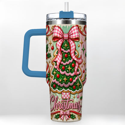 #pl[40oz|Blue] Christmas Tree Cookie 40oz Tumbler with Handle, Pink Bow Travel Cup