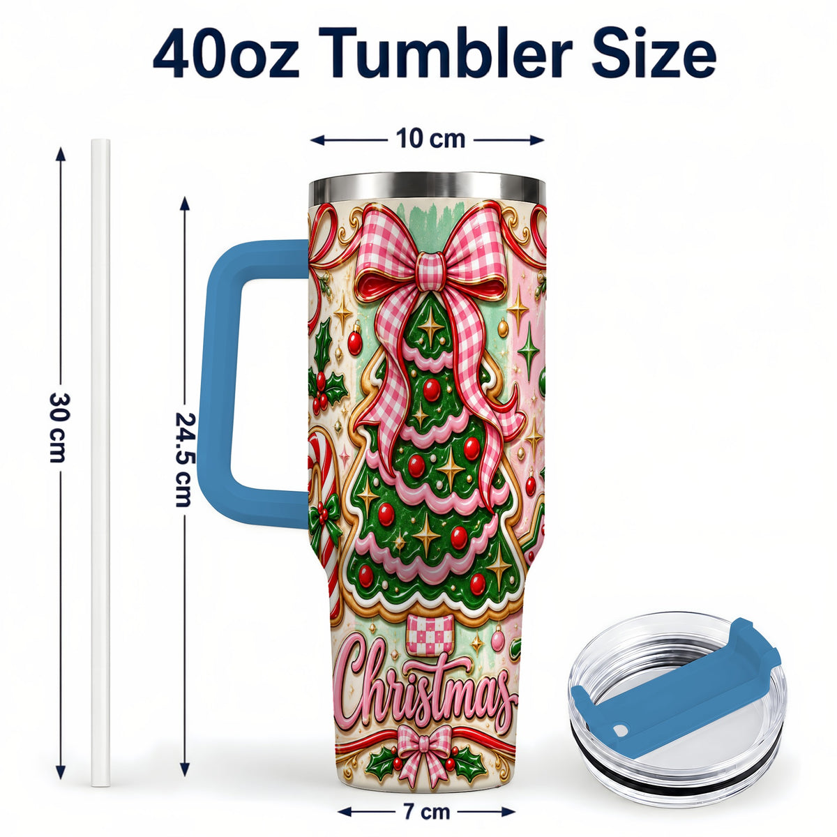 #pl[40oz|Blue] Christmas Tree Cookie 40oz Tumbler with Handle, Pink Bow Travel Cup