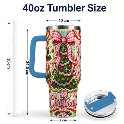 #pl[40oz|Blue] Christmas Tree Cookie 40oz Tumbler with Handle, Pink Bow Travel Cup