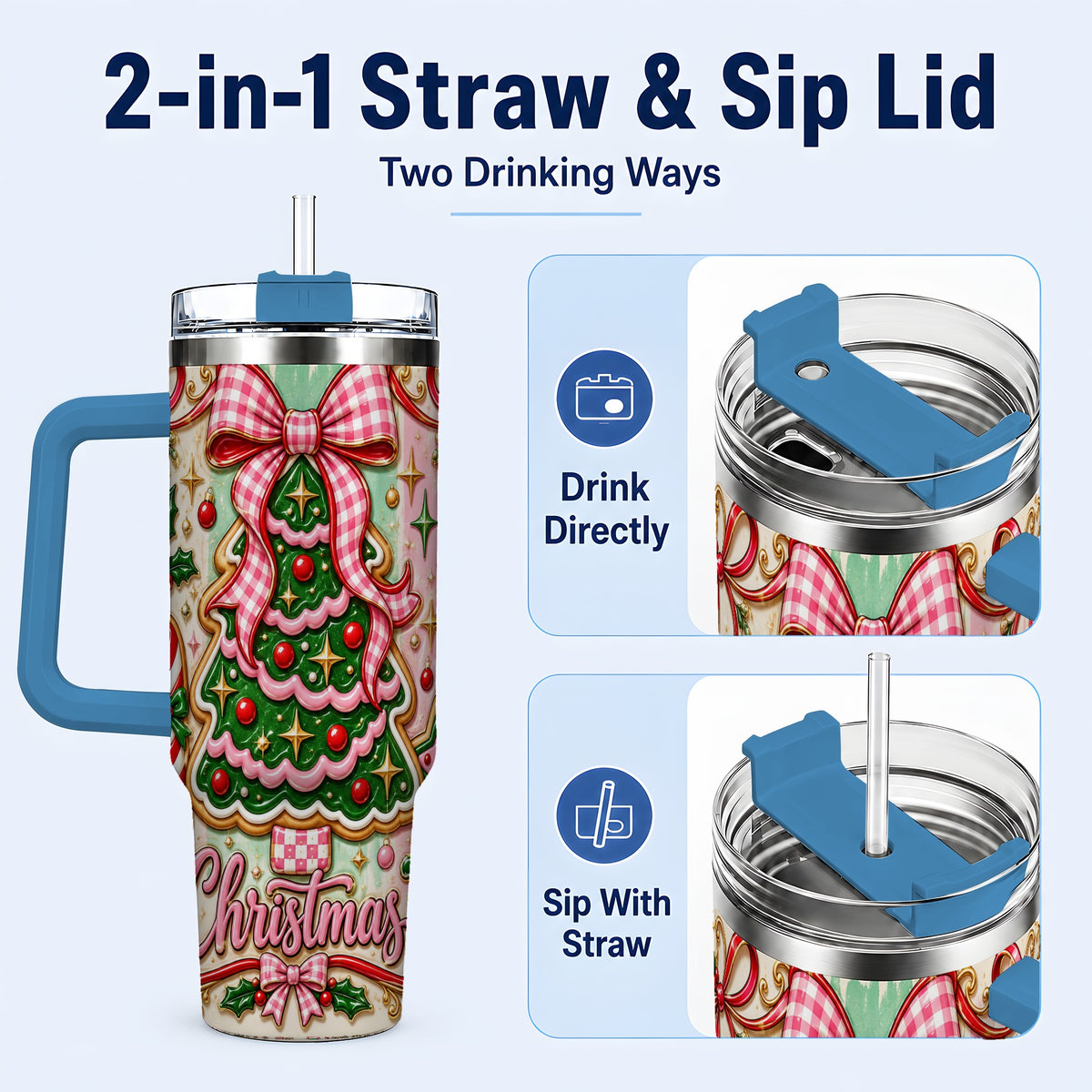 #pl[40oz|Blue] Christmas Tree Cookie 40oz Tumbler with Handle, Pink Bow Travel Cup