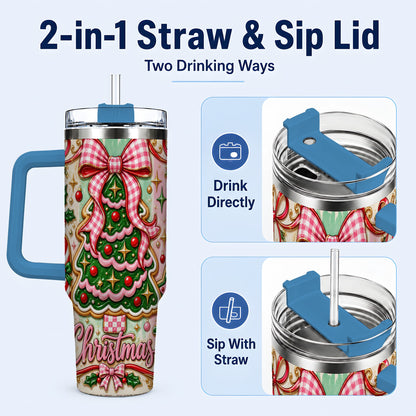 #pl[40oz|Blue] Christmas Tree Cookie 40oz Tumbler with Handle, Pink Bow Travel Cup