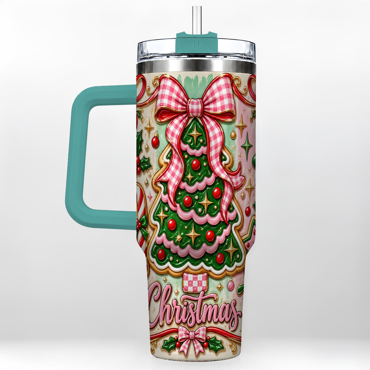 #pl[40oz|Green] Christmas Tree Cookie 40oz Tumbler with Handle, Pink Bow Travel Cup