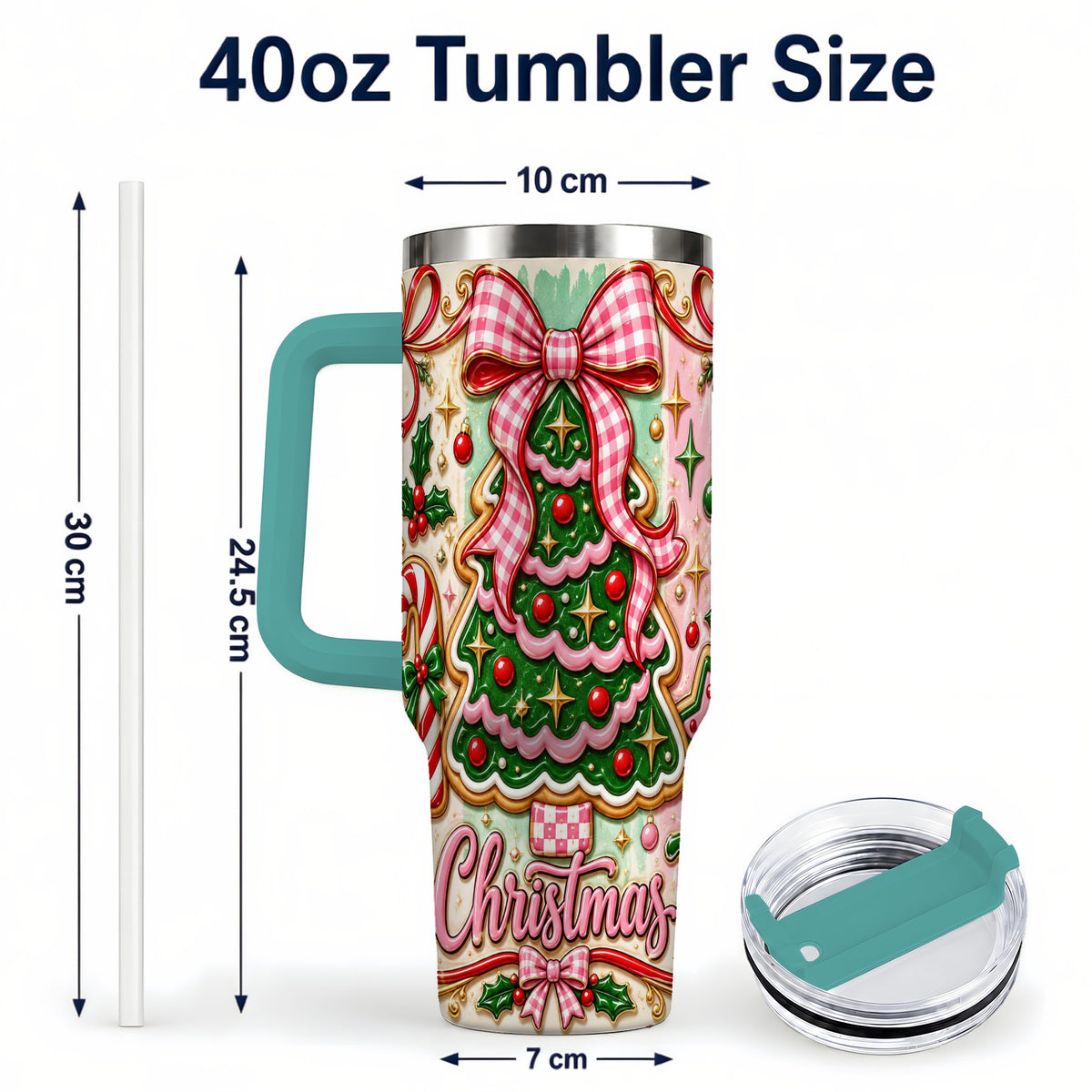 #pl[40oz|Green] Christmas Tree Cookie 40oz Tumbler with Handle, Pink Bow Travel Cup
