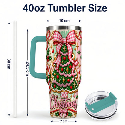 #pl[40oz|Green] Christmas Tree Cookie 40oz Tumbler with Handle, Pink Bow Travel Cup