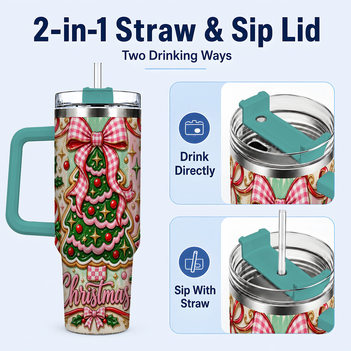 #pl[40oz|Green] Christmas Tree Cookie 40oz Tumbler with Handle, Pink Bow Travel Cup