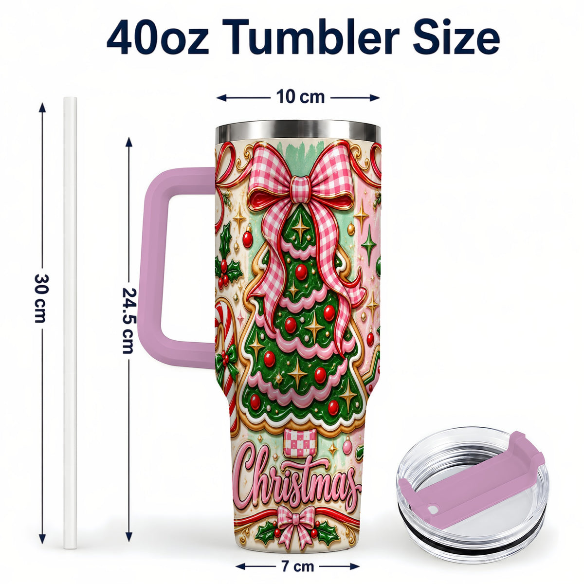 #pl[40oz|Pink] Christmas Tree Cookie 40oz Tumbler with Handle, Pink Bow Travel Cup