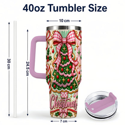 #pl[40oz|Pink] Christmas Tree Cookie 40oz Tumbler with Handle, Pink Bow Travel Cup