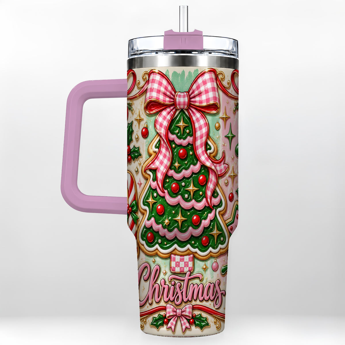 #pl[40oz|Pink] Christmas Tree Cookie 40oz Tumbler with Handle, Pink Bow Travel Cup