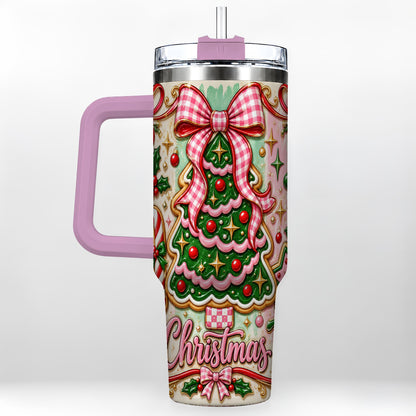 #pl[40oz|Pink] Christmas Tree Cookie 40oz Tumbler with Handle, Pink Bow Travel Cup