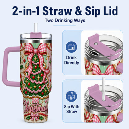#pl[40oz|Pink] Christmas Tree Cookie 40oz Tumbler with Handle, Pink Bow Travel Cup
