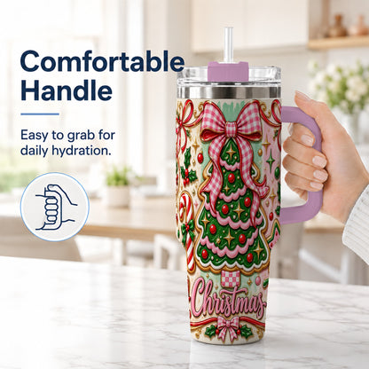 #pl[40oz|Pink] Christmas Tree Cookie 40oz Tumbler with Handle, Pink Bow Travel Cup