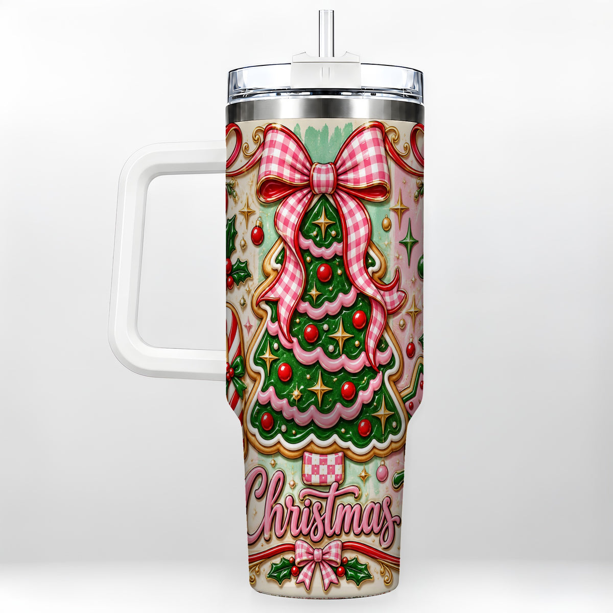 Christmas Tree Cookie 40oz Tumbler with Handle, Pink Bow Travel Cup