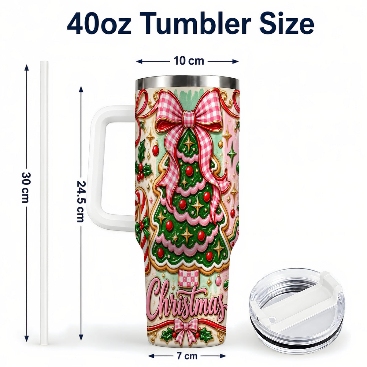 #pl[40oz|White] Christmas Tree Cookie 40oz Tumbler with Handle, Pink Bow Travel Cup