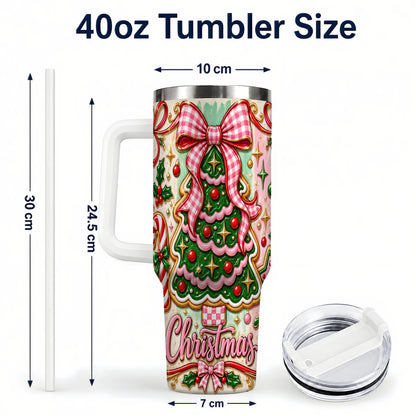 #pl[40oz|White] Christmas Tree Cookie 40oz Tumbler with Handle, Pink Bow Travel Cup