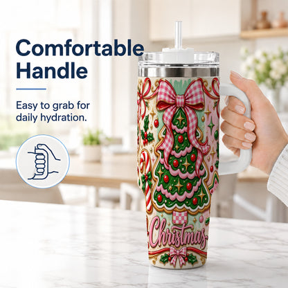 #pl[40oz|White] Christmas Tree Cookie 40oz Tumbler with Handle, Pink Bow Travel Cup
