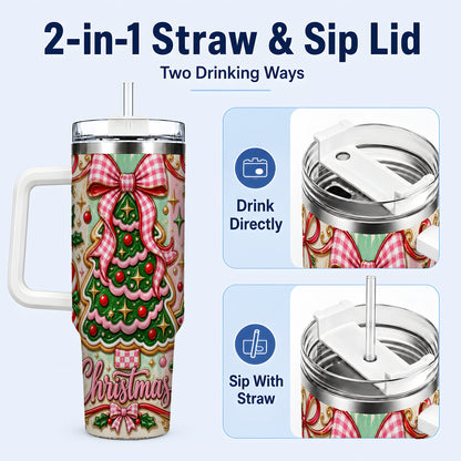 #pl[40oz|White] Christmas Tree Cookie 40oz Tumbler with Handle, Pink Bow Travel Cup