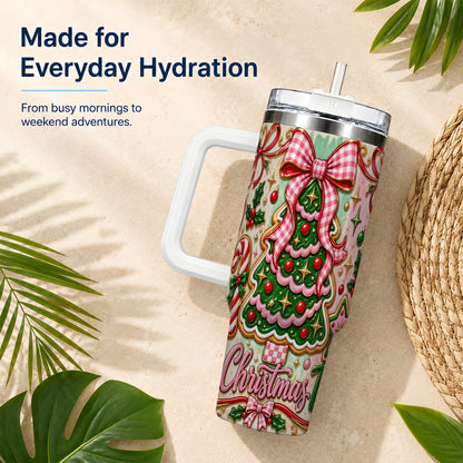 Christmas Tree Cookie 40oz Tumbler with Handle, Pink Bow Travel Cup