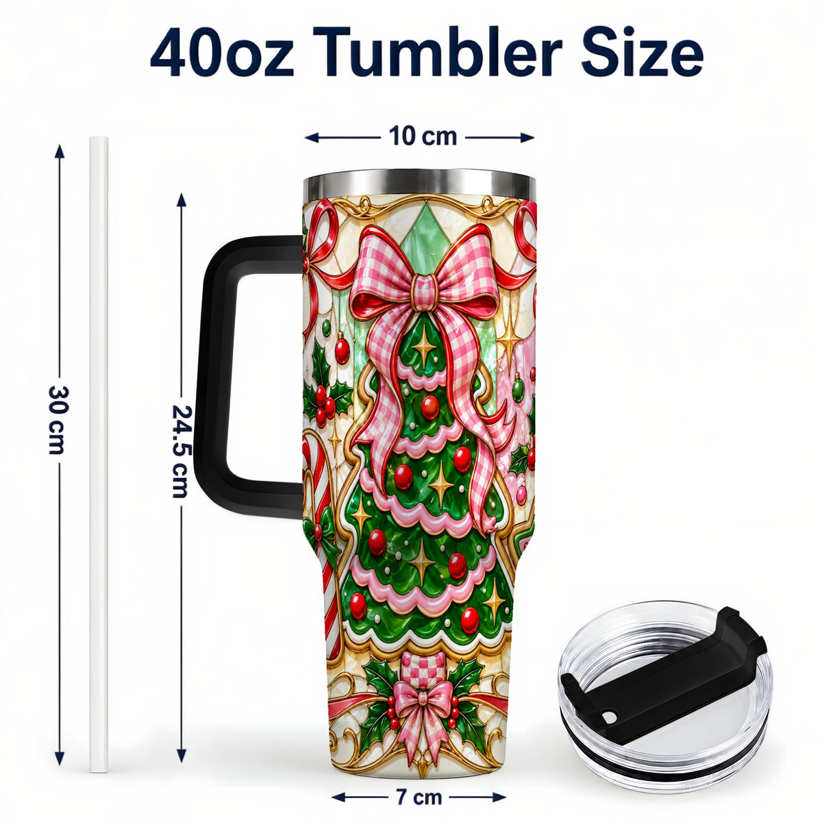 #pl[40oz|Black] Christmas Tree 40oz Tumbler with Handle, Pink Bow Travel Cup