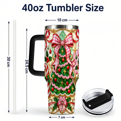 #pl[40oz|Black] Christmas Tree 40oz Tumbler with Handle, Pink Bow Travel Cup