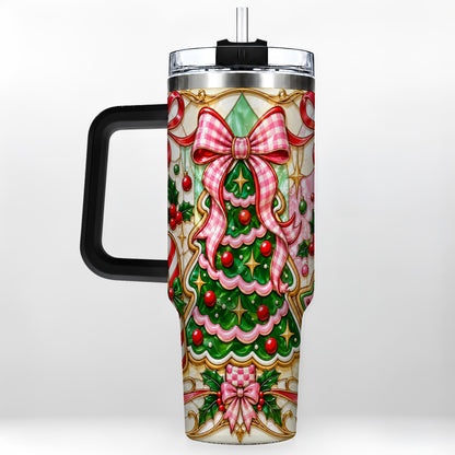 #pl[40oz|Black] Christmas Tree 40oz Tumbler with Handle, Pink Bow Travel Cup