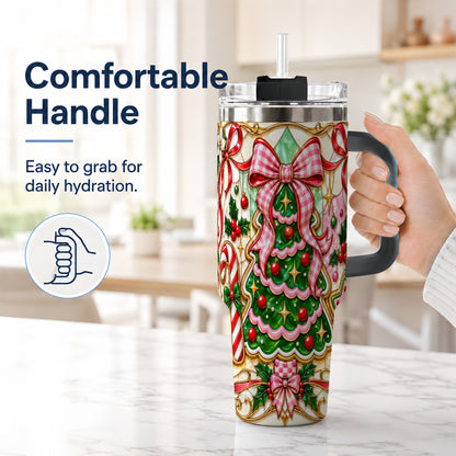#pl[40oz|Black] Christmas Tree 40oz Tumbler with Handle, Pink Bow Travel Cup