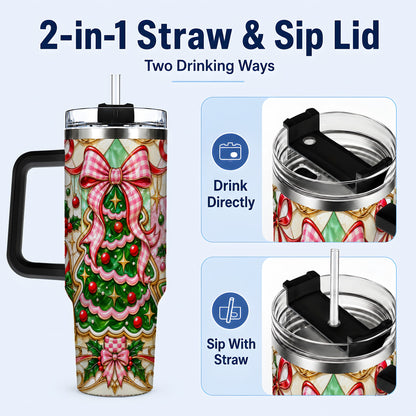 #pl[40oz|Black] Christmas Tree 40oz Tumbler with Handle, Pink Bow Travel Cup