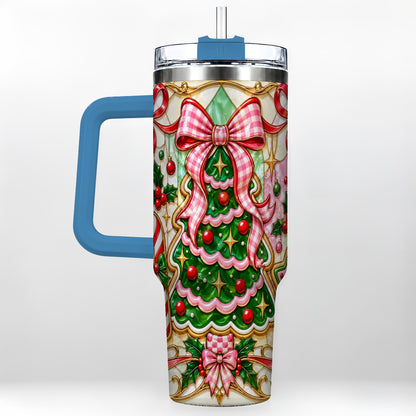 #pl[40oz|Blue] Christmas Tree 40oz Tumbler with Handle, Pink Bow Travel Cup