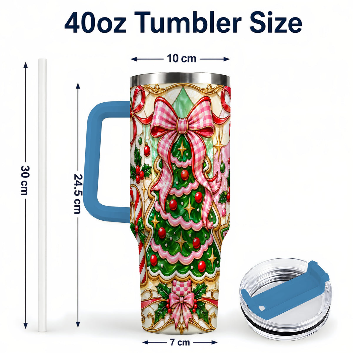 #pl[40oz|Blue] Christmas Tree 40oz Tumbler with Handle, Pink Bow Travel Cup