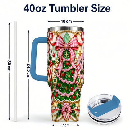 #pl[40oz|Blue] Christmas Tree 40oz Tumbler with Handle, Pink Bow Travel Cup