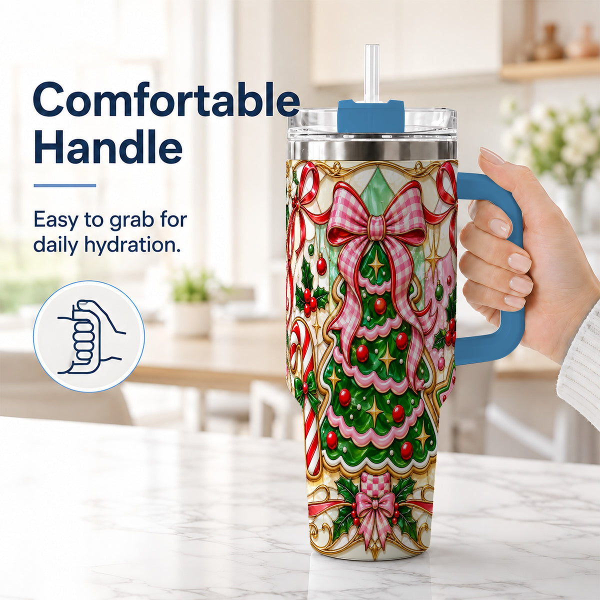 #pl[40oz|Blue] Christmas Tree 40oz Tumbler with Handle, Pink Bow Travel Cup