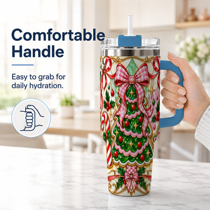 #pl[40oz|Blue] Christmas Tree 40oz Tumbler with Handle, Pink Bow Travel Cup