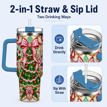 #pl[40oz|Blue] Christmas Tree 40oz Tumbler with Handle, Pink Bow Travel Cup