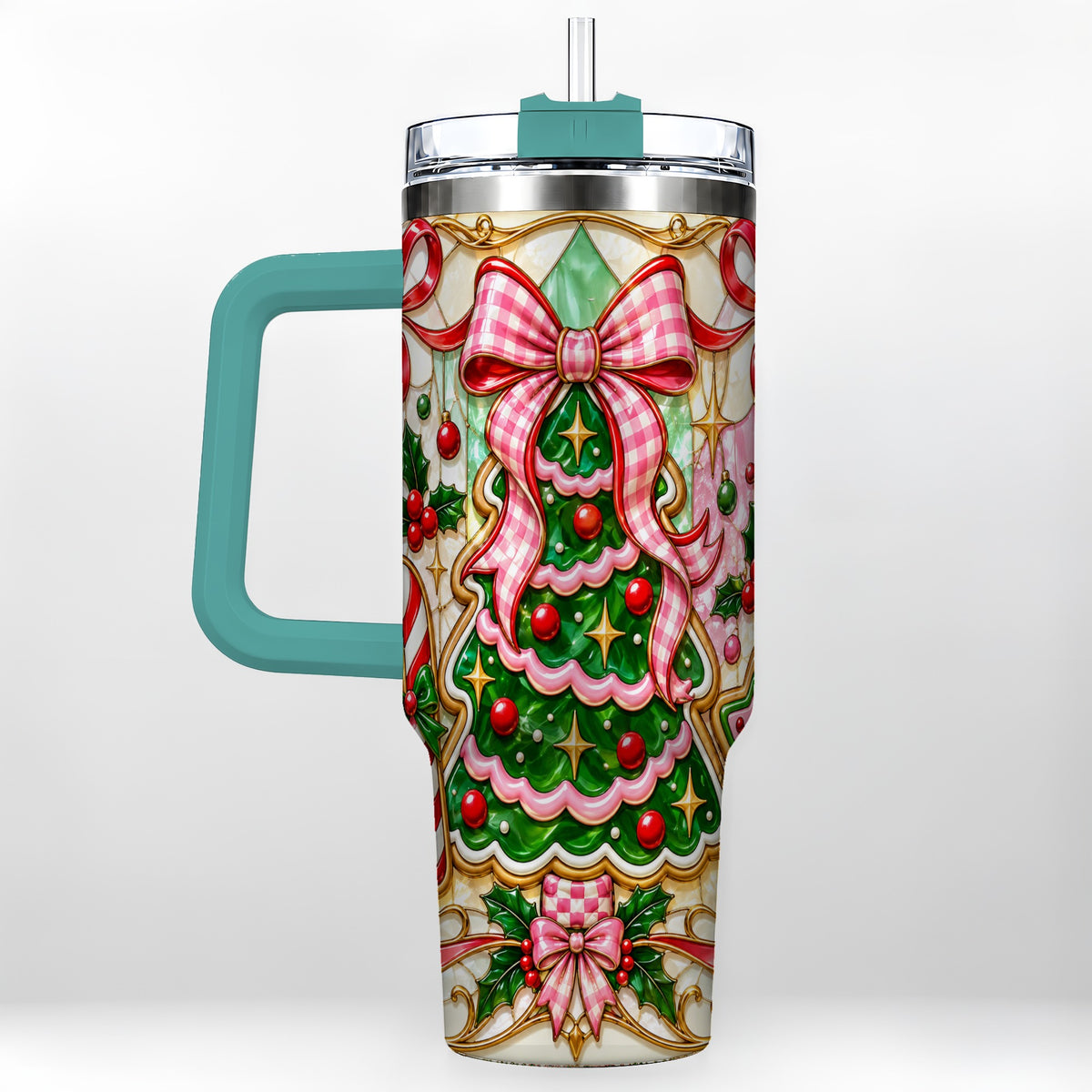 #pl[40oz|Green] Christmas Tree 40oz Tumbler with Handle, Pink Bow Travel Cup