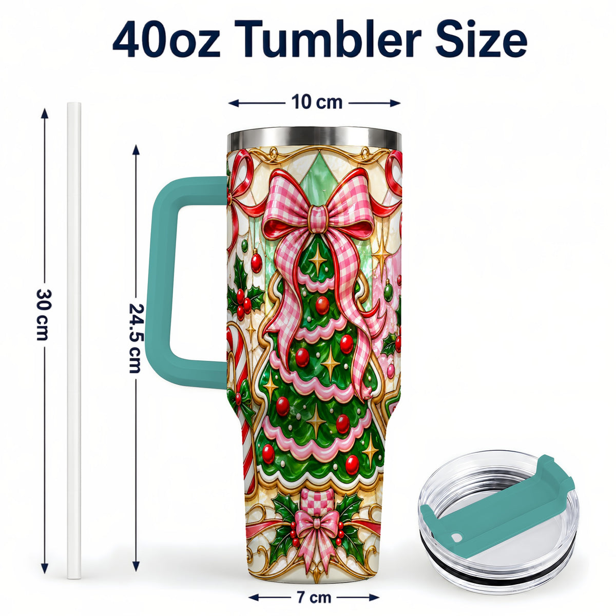 #pl[40oz|Green] Christmas Tree 40oz Tumbler with Handle, Pink Bow Travel Cup