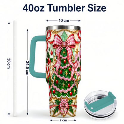 #pl[40oz|Green] Christmas Tree 40oz Tumbler with Handle, Pink Bow Travel Cup