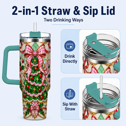 #pl[40oz|Green] Christmas Tree 40oz Tumbler with Handle, Pink Bow Travel Cup