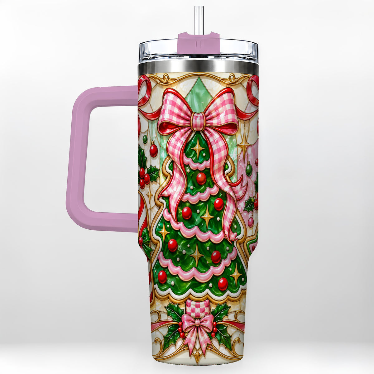 #pl[40oz|Pink] Christmas Tree 40oz Tumbler with Handle, Pink Bow Travel Cup