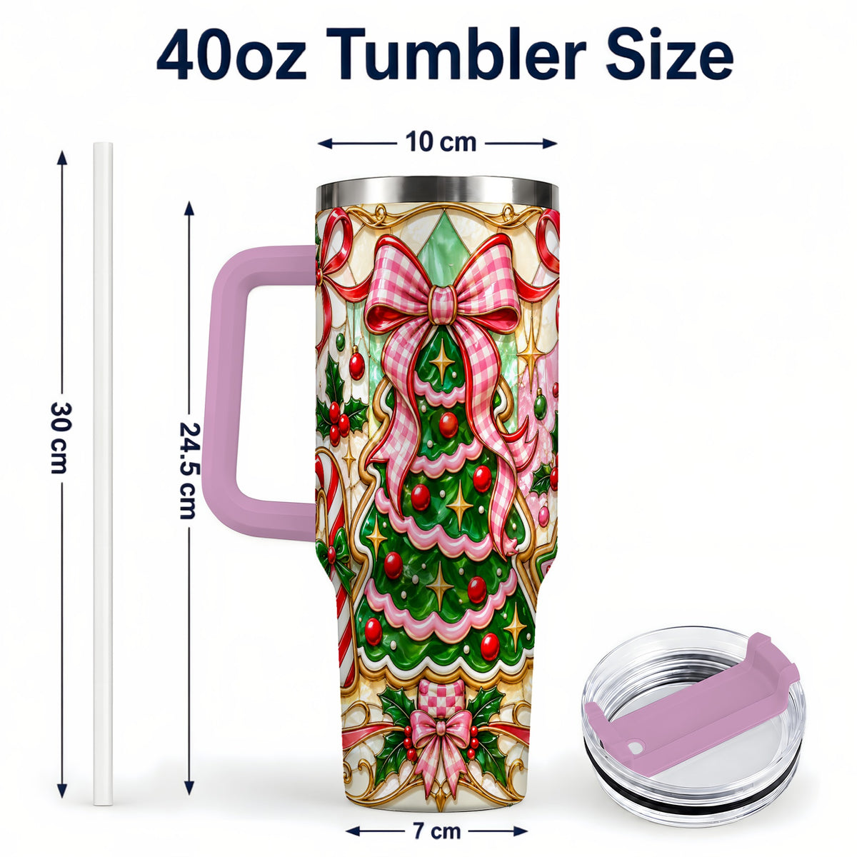 #pl[40oz|Pink] Christmas Tree 40oz Tumbler with Handle, Pink Bow Travel Cup