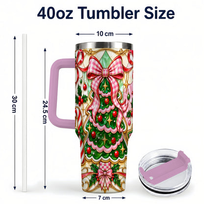 #pl[40oz|Pink] Christmas Tree 40oz Tumbler with Handle, Pink Bow Travel Cup
