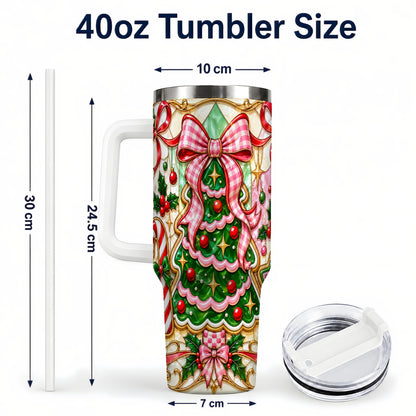 #pl[40oz|White] Christmas Tree 40oz Tumbler with Handle, Pink Bow Travel Cup
