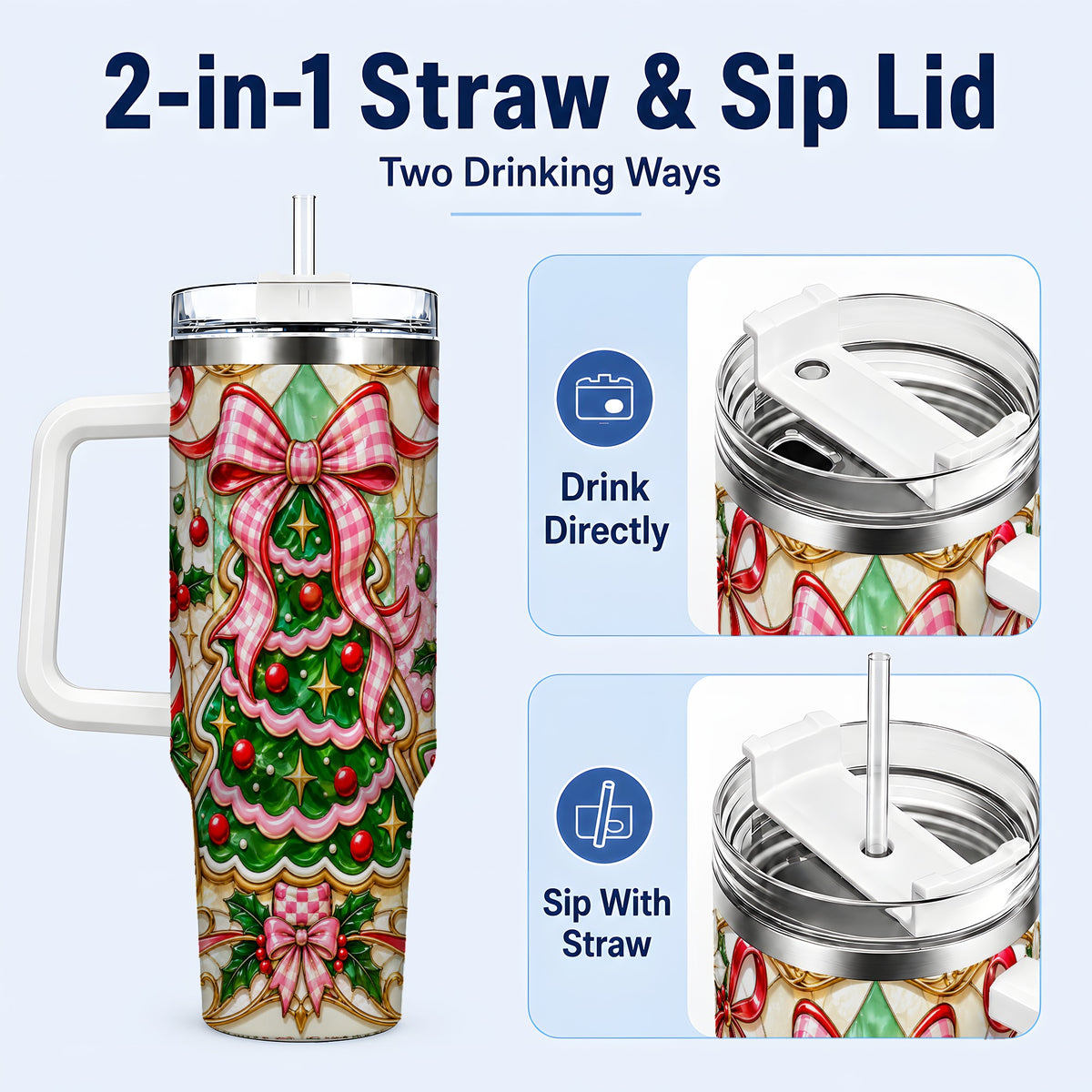 #pl[40oz|White] Christmas Tree 40oz Tumbler with Handle, Pink Bow Travel Cup