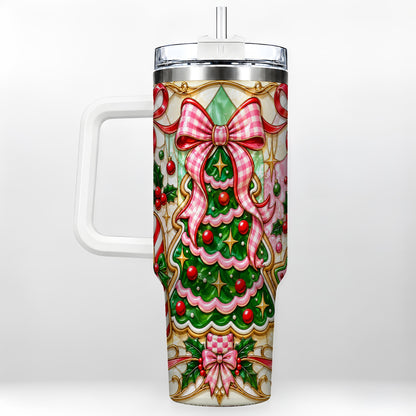 Christmas Tree 40oz Tumbler with Handle, Pink Bow Travel Cup