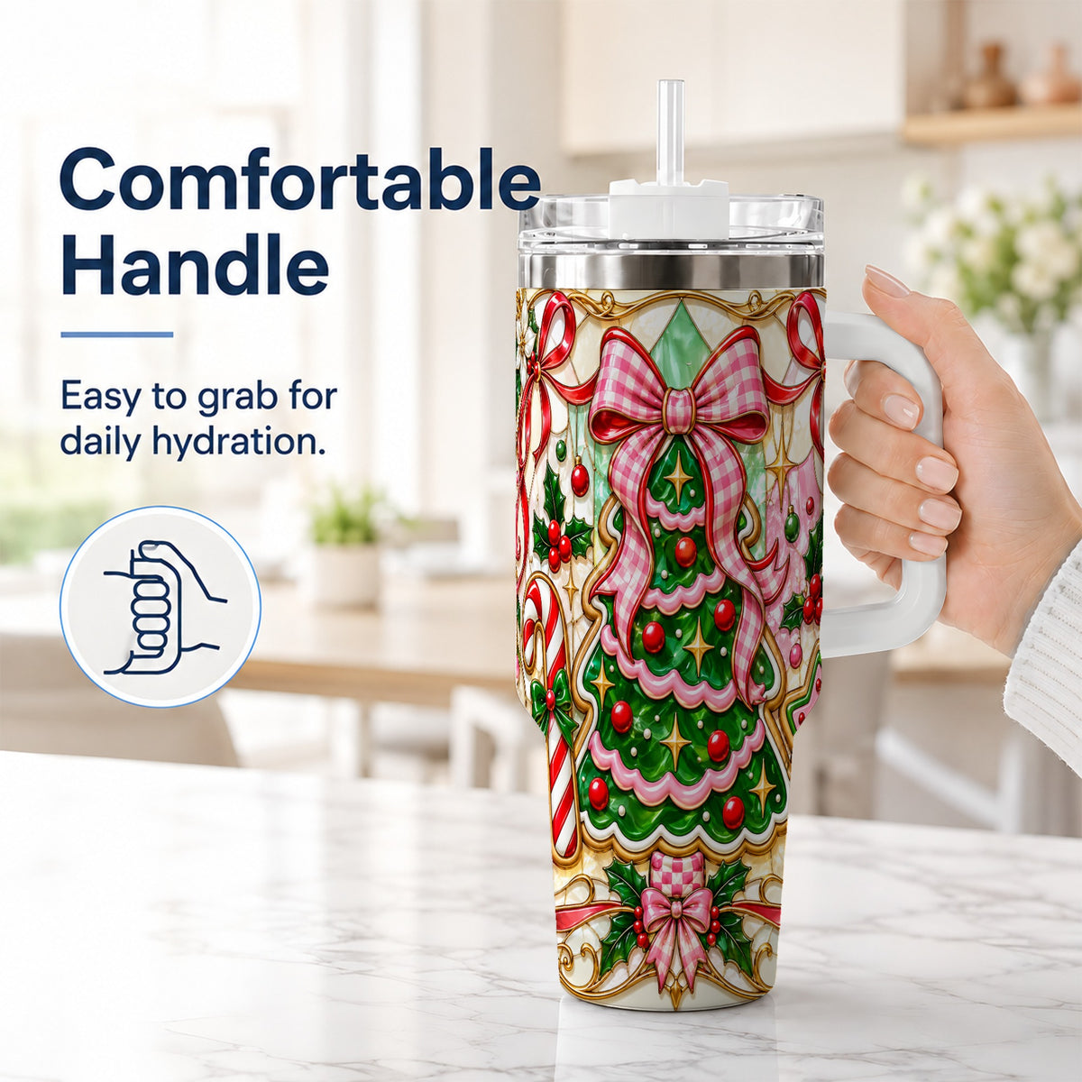 #pl[40oz|White] Christmas Tree 40oz Tumbler with Handle, Pink Bow Travel Cup