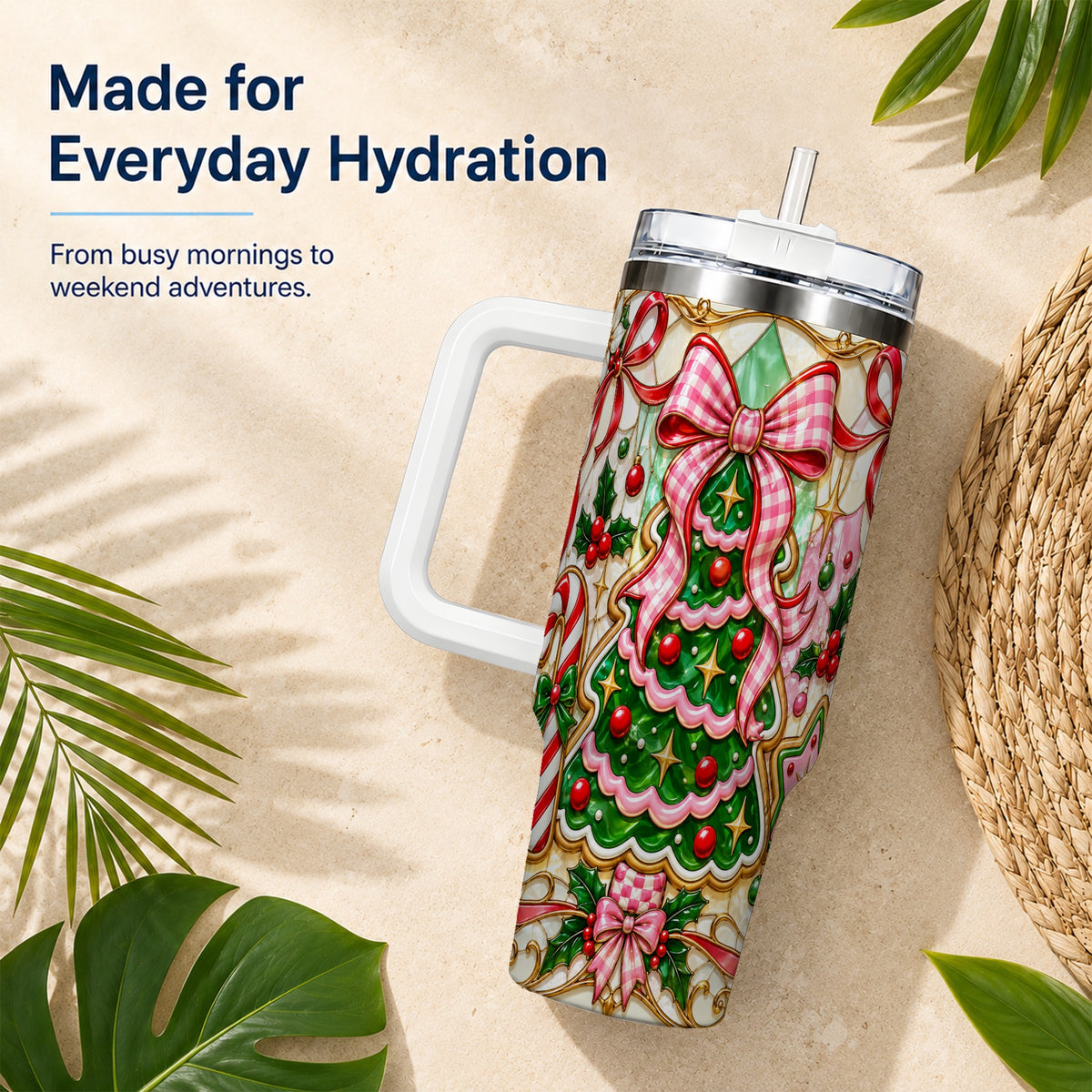 Christmas Tree 40oz Tumbler with Handle, Pink Bow Travel Cup