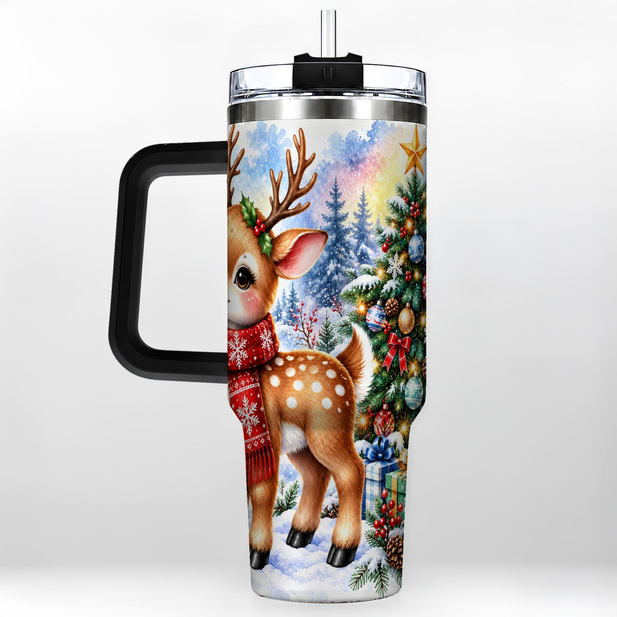 #pl[40oz|Black] Christmas Reindeer 40oz Tumbler with Handle, Winter Deer Travel Cup