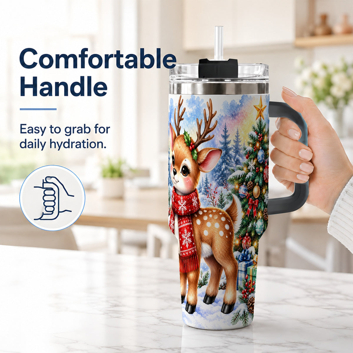 #pl[40oz|Black] Christmas Reindeer 40oz Tumbler with Handle, Winter Deer Travel Cup