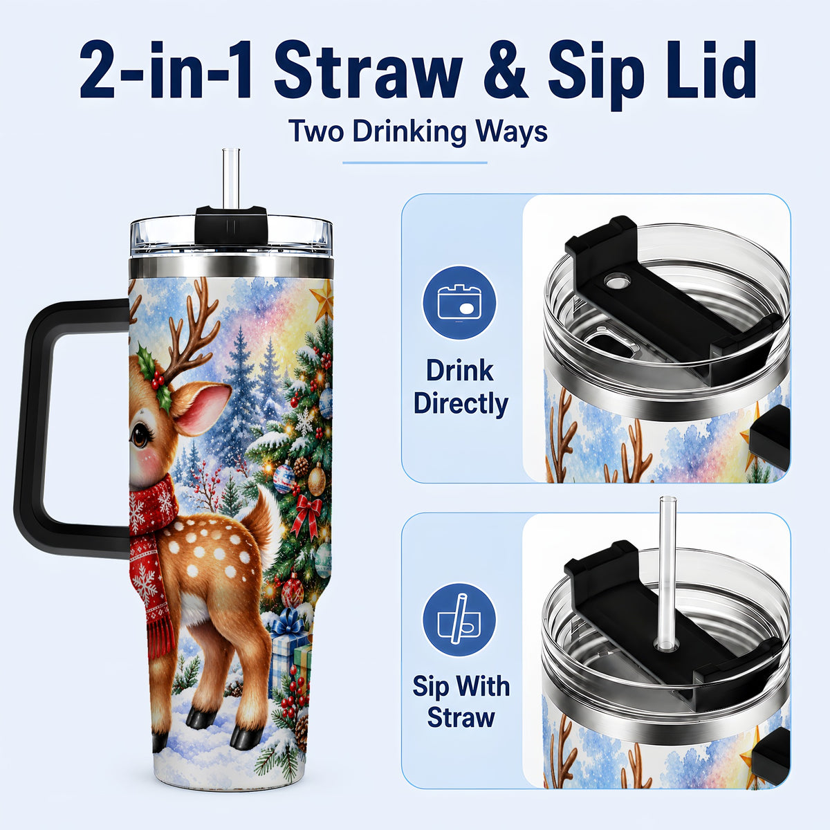 #pl[40oz|Black] Christmas Reindeer 40oz Tumbler with Handle, Winter Deer Travel Cup