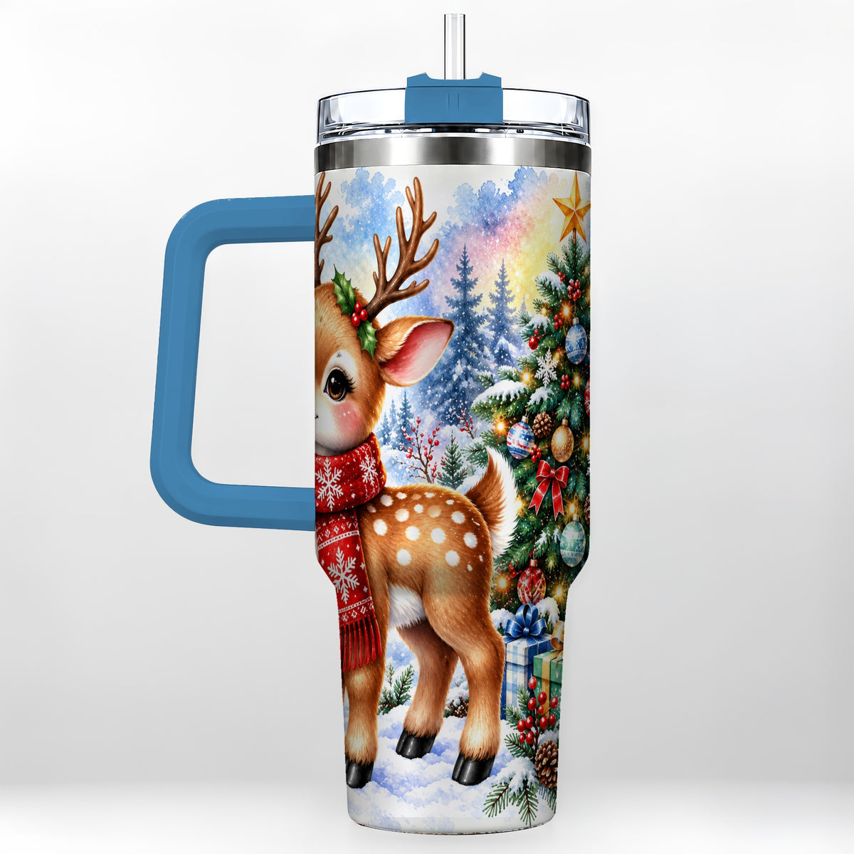 #pl[40oz|Blue] Christmas Reindeer 40oz Tumbler with Handle, Winter Deer Travel Cup