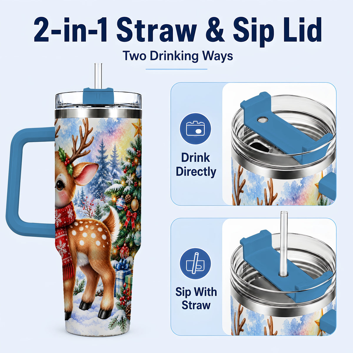 #pl[40oz|Blue] Christmas Reindeer 40oz Tumbler with Handle, Winter Deer Travel Cup